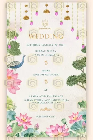 Beautiful Ganesha Wedding Invitation Showcasing A Lotus And Peacock, Merging Nature And Tradition In A Vibrant Design